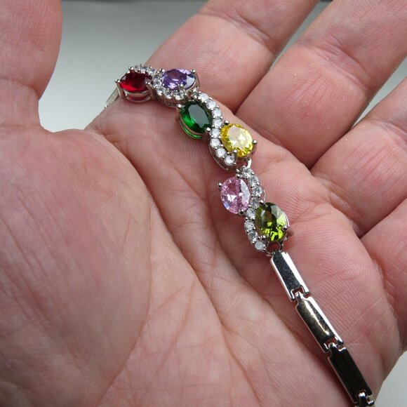 $350 14k Plated Lab Created Emerald Topaz Peridot Amethyst Bracelet - Picture 2 of 3